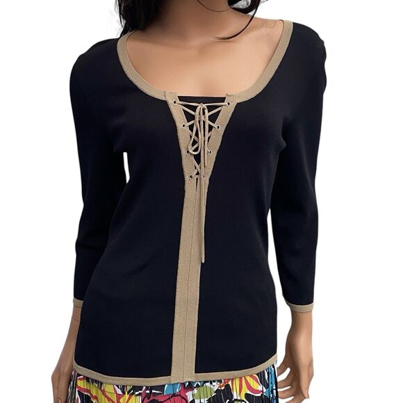 Cable & Gauge Lace up Pullover Top Sz M Black Tan Stretch Casual Blouse Shirt - Picture 1 of 8